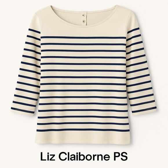 Liz Claiborne Petites PS Navy White Stripe 3/4 Sleeve Top Cotton Blend - Picture 3 of 6